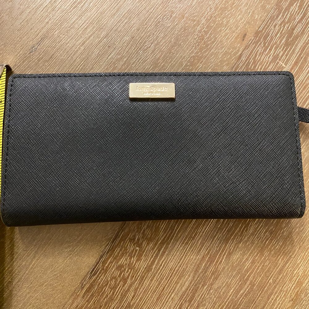 Kate Spade Staci Large Slim Bifold Wallet Black Textured Leather (NWT)